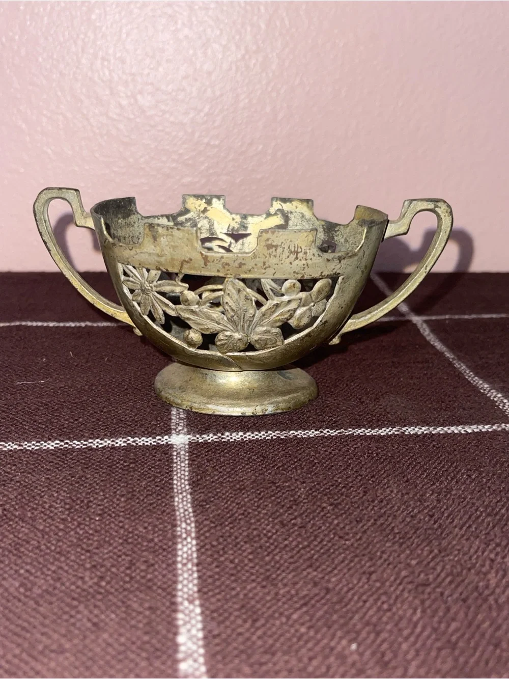 Vintage Metal Brass Ornate Floral Bowl with Handles